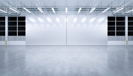3d rendering of large hangar building and concrete floor and open shutter door in perspective view for background, clean and new condition, night time.の写真素材