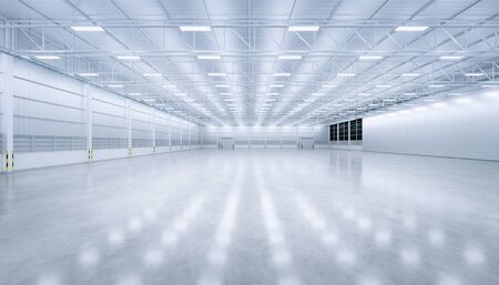 3d rendering of large hangar building and concrete floor and open shutter door in perspective view for background, clean and new condition, night time.の写真素材