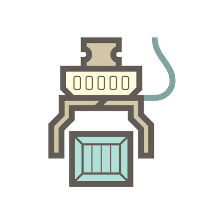 Robot hand pick up wood crate in production industry vector icon design on white background.のイラスト素材