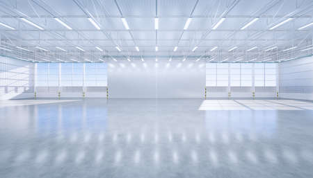 3d rendering of large hangar building and concrete floor and open shutter door in perspective view...