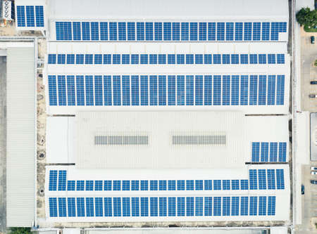Top view of solar panel on roof of industry building.