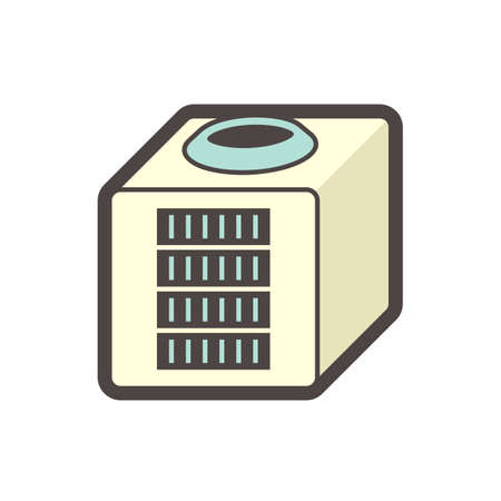 Air compressor or condenser unit icon. That is a cooling, heat ventilation and moisture control technology for air conditioning HVAC system. Consist of fan, compressor, copper tube and fluid inside.のイラスト素材