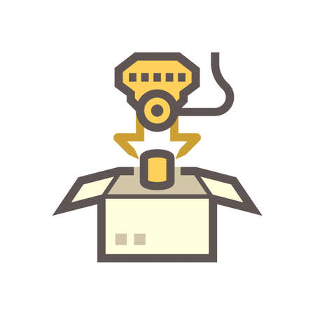 Robot picking up, packaging, packing vector icon. Consist of robot hand, arm, product, cardboard box. Automation and engineering technology for industry, assembly, production, manufacturing, process.のイラスト素材
