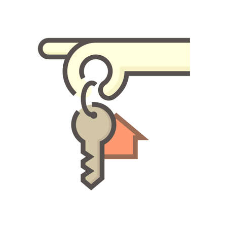 House sale, buy concept vector icon. Consist of hand holding keyring or keychain, home or house sign and ring for real estate or property to lock, unlock, open door of building for security. 64x64 px.のイラスト素材