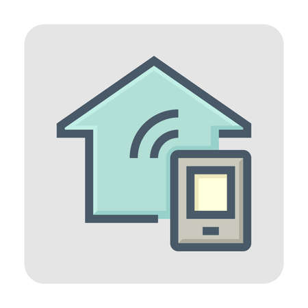 Smart home or home automation vector icon. Include mobile phone or smartphone. That device or remote to control system, electricity i.e. thermostat, temperature, energy, light and security. 48x48 px.のイラスト素材