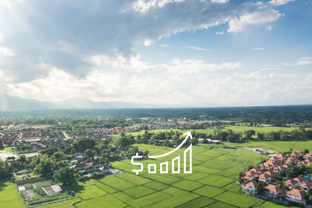 Increased land value in aerial view consist of landscape, green field, residential house building...