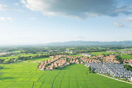 Land or landscape of green field in aerial view. Include agriculture farm, house building, village....