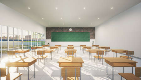 3d rendering of classroom. Interior room consist of tile floor, board or chalkboard and furniture i.e. desk or table, chair for teacher and student to teach, study and training. Education background.の写真素材
