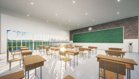 3d rendering of classroom. Interior room consist of tile floor, board or chalkboard and furniture...