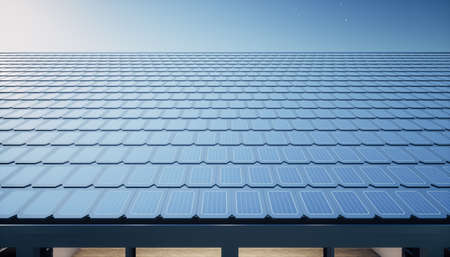 3d rendering of solar or photovoltaic shingles in perspective on roof of home or house building....
