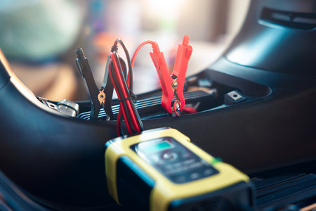 Charging electric power, energy to accumulator or dead battery in breakdown motorcycle for start. Include equipment tool i.e. portable trickle charger, positive negative clamp, red black cable wire.の写真素材