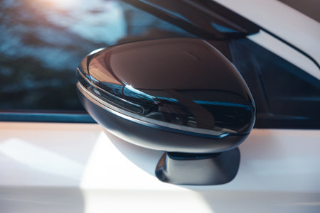 Car side view mirror or wing mirror, turn direction signal indicator LED light on door or window of white car in keep, position. Modern detail with gloss black cover. Accessory for automotive vehicle.の写真素材