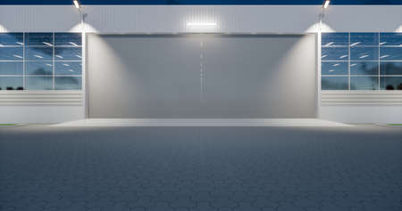 3d rendering of exterior commercial building design with slinding door. May called airplane hangar, modern factory, warehouse or garage. Construction from metal, steel.の写真素材