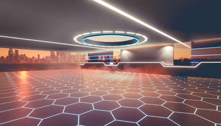 3d rendering of empty space inside futuristic showroom, spaceship, hall or studio in perspective. Include ceiling, neon light, floor and counter. Modern dark background design of fの写真素材