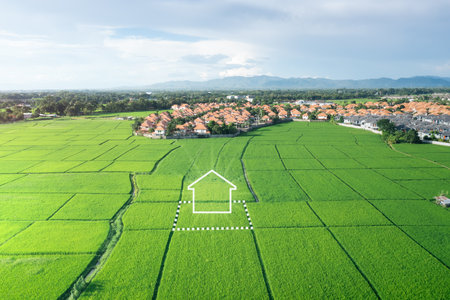 Land or landscape of green field in aerial view. Include agriculture farm, icon of residential, home or house building. Real estate or property for dream concept to build, construcの写真素材