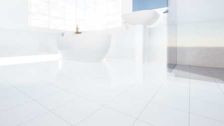 3d rendering of white tile floor with texture, pattern. Modern interior design  and decoration of bathroom, shower room in perspective view. Empty space for background.の写真素材