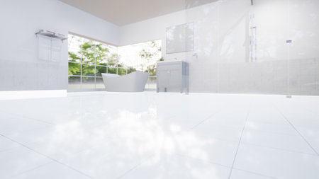 3d rendering of white tile floor with texture, pattern. Modern interior design of bathroom, shower room in perspective. Empty space, bright surface and clean for background.の写真素材