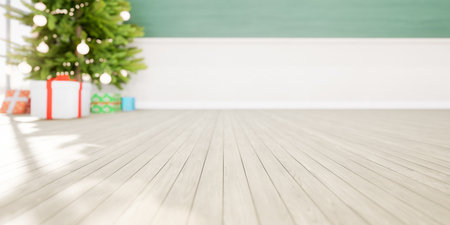 3d rendering of empty classroom consist of wood floor, board or chalkboard, christmas tree and gift for teacher and student to teach, study and celebration.の写真素材