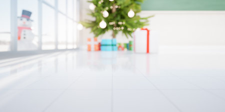 3d rendering of empty classroom consist of white tile floor, board or chalkboard, christmas tree and gift for teacher and student to teach, study and celebration.の写真素材
