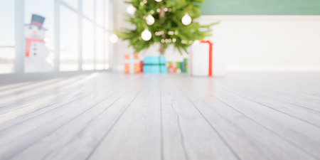 3d rendering of empty classroom consist of maple wood floor, board or chalkboard, christmas tree and gift for teacher and student to teach, study and celebration.の写真素材