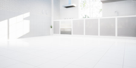 3d rendering of kitchen room. Interior decor by white tile floor, clear glass in window, cabinet, counter sink and smoke hood. Include green nature and empty space for background.の写真素材