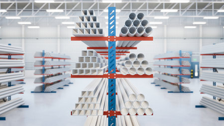 3d rendering of steel pipe product both round and square on shelf inside warehouse, factory or store. Construction material from metallurgy industry, steel production, engineeringの写真素材