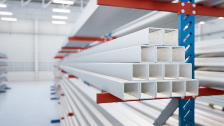 3d rendering of steel pipe product or square pipe on shelf inside warehouse, factory or store building. Construction material from metallurgy industry, steel production.の写真素材