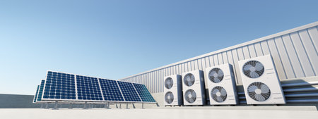 3d rendering of photovoltaic cell on solar panel, condenser unit or compressor on rooftop. Eco...