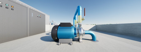 3d rendering of water pump station on rooftop factory. Include centrifugal pump, electric motor,...