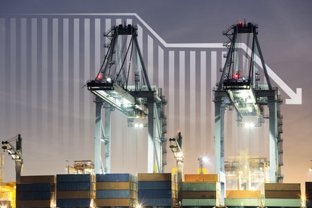 Cargo ship, cargo container work with crane at dock, port or harbour. Freight transport with drop...