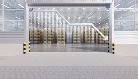 3d rendering of warehouse or distribution center with decrease graph. Storage and shipping system...