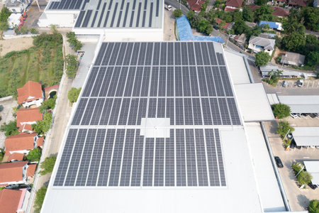 Eco building, shopping center in aerial view. Solar cell or photovoltaic cell in panel on top of...