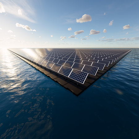 3d rendering of floating solar, floatovoltaics or solar farm consist of photovoltaic cell on panel, pontoon, water. System technology for electricity generation. Clean power energyの写真素材