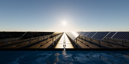 3d rendering of floating solar, floatovoltaics or solar farm consist of photovoltaic cell on panel, pontoon, water. System technology for electricity generation. Clean power energyの写真素材