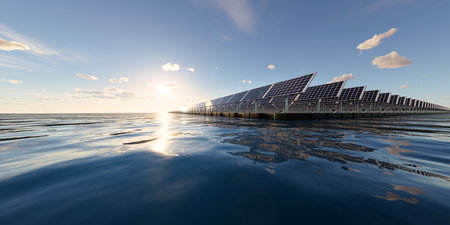 3d rendering of floating solar, floatovoltaics or solar farm consist of photovoltaic cell on panel,...