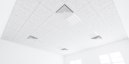 3d rendering of white ceiling in perspective with texture of acoustic gypsum board, air conditioner,...