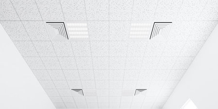 3d rendering of white ceiling in perspective with texture of acoustic gypsum board, air conditioner,...