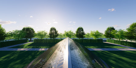 3d rendering of solar or photovoltaic shingles on roof of house building. System technology to generate electrical power or direct current electricity by light or sunlight.の写真素材