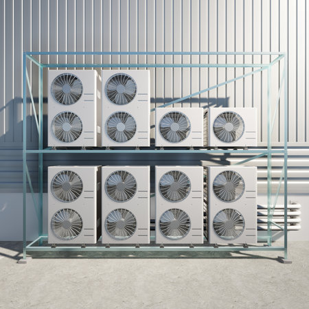 3d rendering of condenser unit or compressor outside factory plant. Unit of ac air conditioner,...