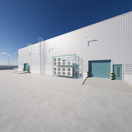 3d rendering of condenser unit or compressor outside factory plant. Unit of ac air conditioner, heating ventilation or hvac air conditioning system for heat and cool.の写真素材