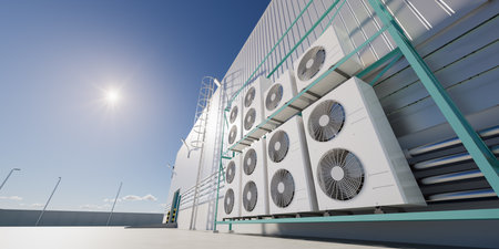 3d rendering of condenser unit or compressor outside factory plant. Unit of ac air conditioner, heating ventilation or hvac air conditioning system for heat and cool.の写真素材