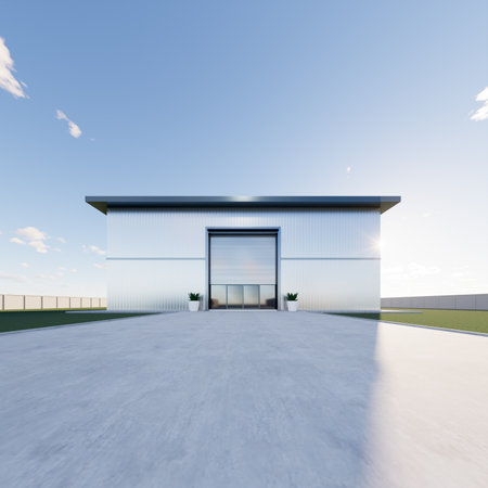 3d rendering of exterior of commercial building. May called modern factory, warehouse, shop or store. Include roller shutter, space on concrete floor for industrial background.の写真素材