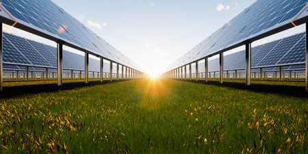 3d rendering of solar farm, field or solar power plant consist of photovoltaic cell in panel. Industry and technology for electric, electricity generation. Clean green power energyの写真素材