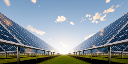 3d rendering of solar farm, field or solar power plant consist of photovoltaic cell in panel....