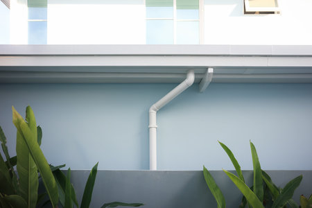Rain gutter install on steel structure, connect to pvc downpipe or downspout, elbow at eaves,...