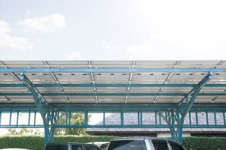 Solar car parking or parking lot at outdoor. Roof canopy covered or construction from solar panel....