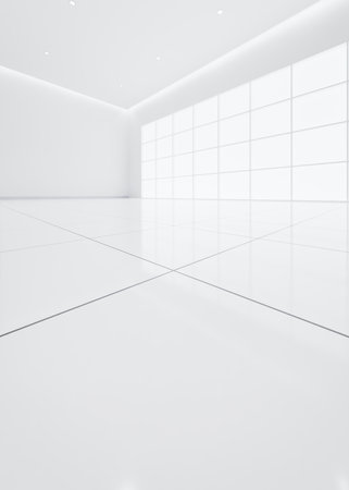 3d rendering of close up white tile floor in perspective view, empty space in room, window and light. Modern interior home design look clean, bright, shiny surface for background.の写真素材