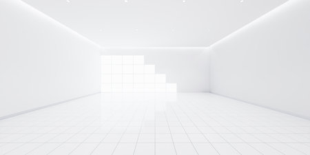 3d rendering of white empty space in room. Include tile floor in perspective, ceiling, light of window. Modern interior home design look clean, bright surface for background.の写真素材