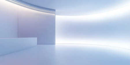 Empty space inside futuristic room, showroom, spaceship, hall or studio in perspective. Include ceiling, hidden light, white floor and abstract shape. Modern interior background.の素材