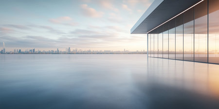 Concrete floor or slab, empty space or area at outdoor. Include modern building exterior of showroom, shop or store. Background design with sky, urban city for display auto car.の素材